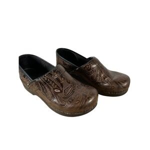 Brown Embossed Clogs Dansko Professional Boho Tooled Leather Shoes 41 Womens